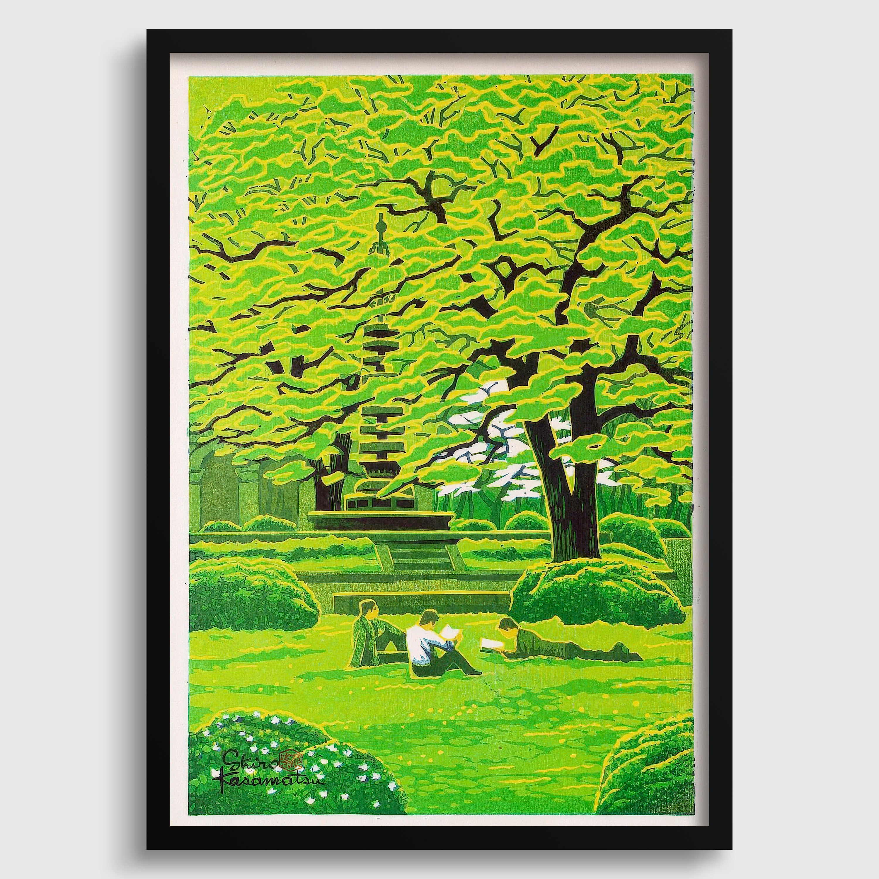 A framed painting depicting a serene park scene with lush green trees, a fountain, and people sitting on the grass.