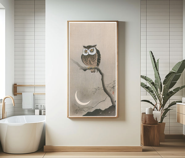 Ohara Koson — Horned Owl and Crescent Moon | Japanese Bird & Flower Woodblock Print