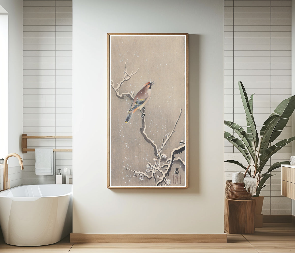 Ohara Koson — Waxwing on Snowy Plum | Japanese Bird & Flower Woodblock Print