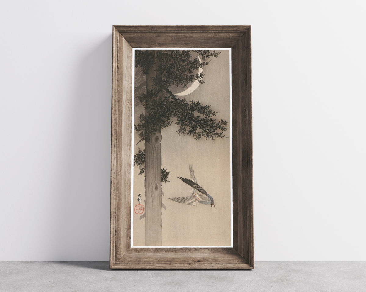 Ohara Koson — Alpine Accentor and Crescent Moon | Japanese Bird & Flower Woodblock Print