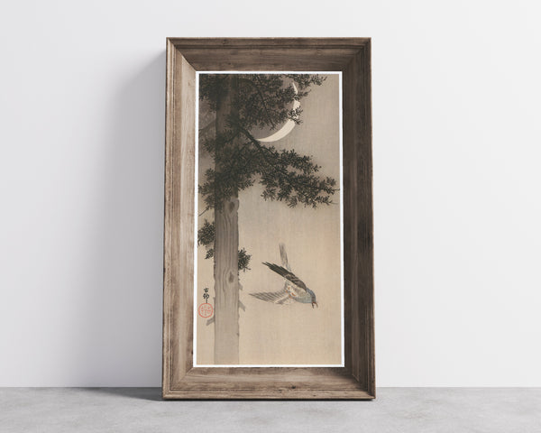 Ohara Koson — Alpine Accentor and Crescent Moon | Japanese Bird & Flower Woodblock Print