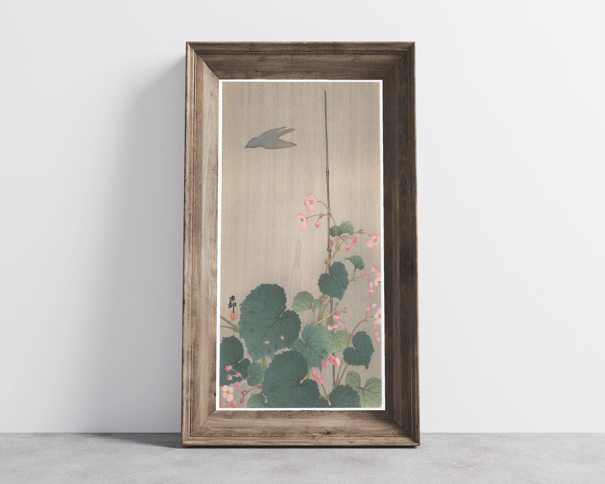 Ohara Koson — Begonia in Rain with Bird Shadow | Japanese Bird & Flower Woodblock Print