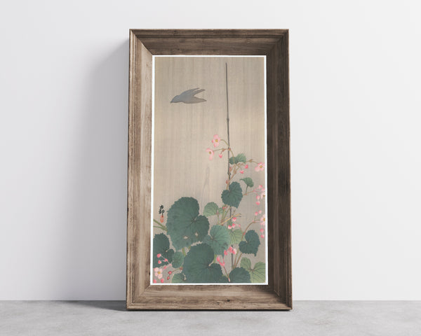 Ohara Koson — Begonia in Rain with Bird Shadow | Japanese Bird & Flower Woodblock Print