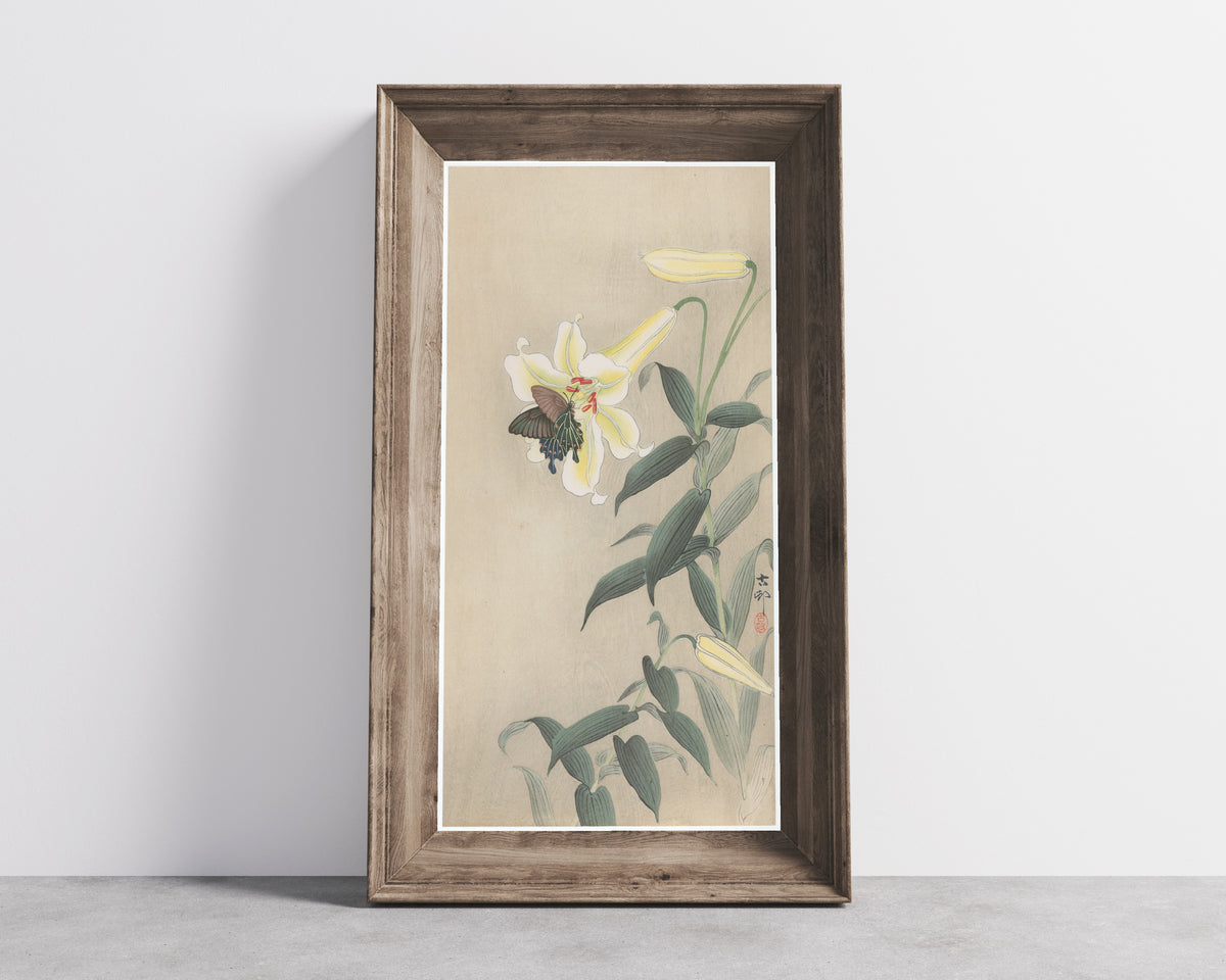 Ohara Koson — Lily and Black Swallowtail | Japanese Bird & Flower Woodblock Print