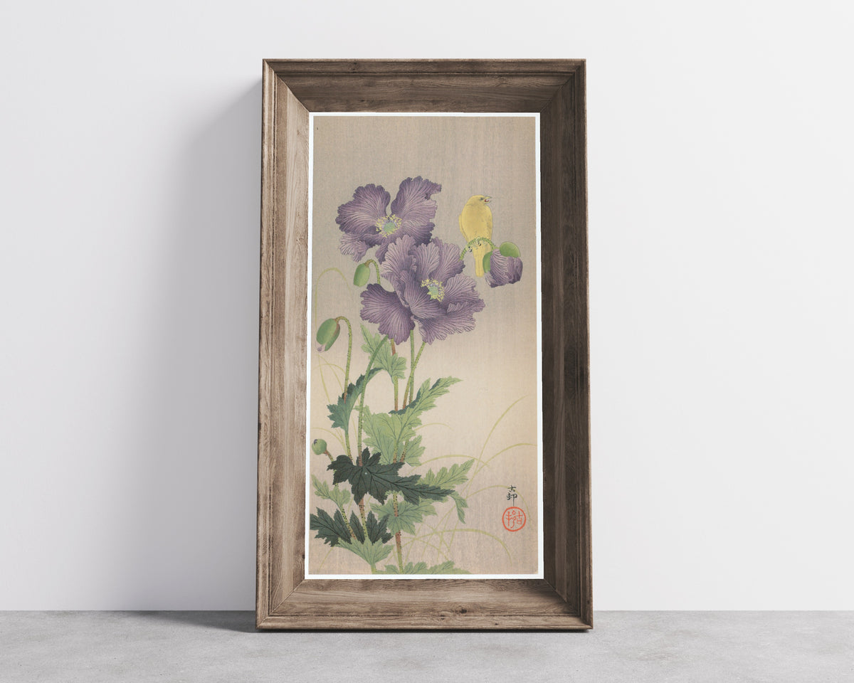 Ohara Koson — Canary and Poppies | Japanese Bird & Flower Woodblock Print
