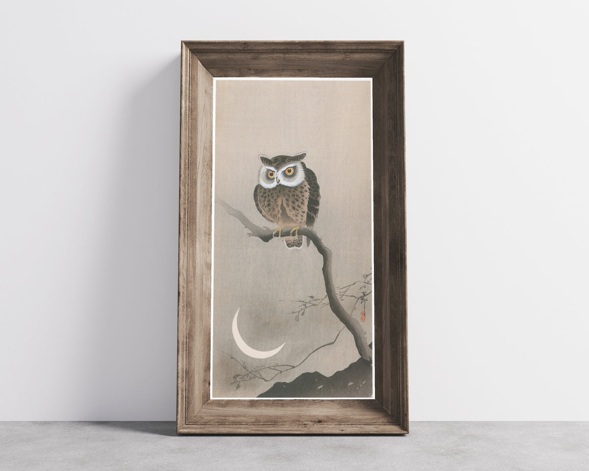 Ohara Koson — Horned Owl and Crescent Moon | Japanese Bird & Flower Woodblock Print