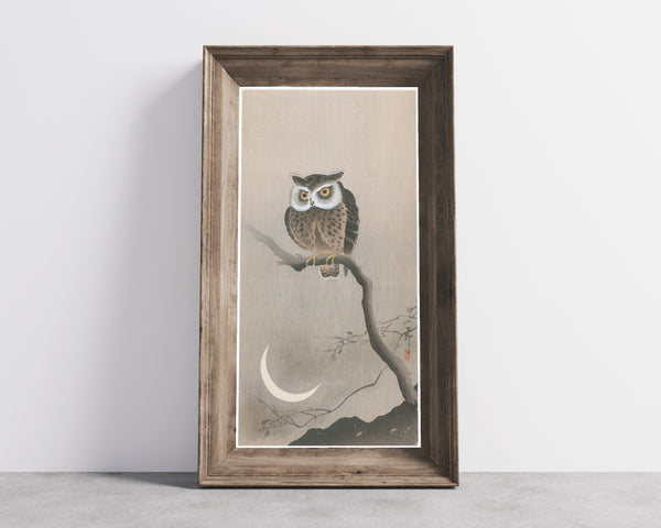 Ohara Koson — Horned Owl and Crescent Moon | Japanese Bird & Flower Woodblock Print