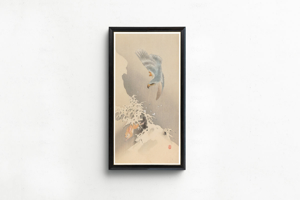 Ohara Koson — Goshawk Chasing a Hare | Japanese Bird & Flower Woodblock Print