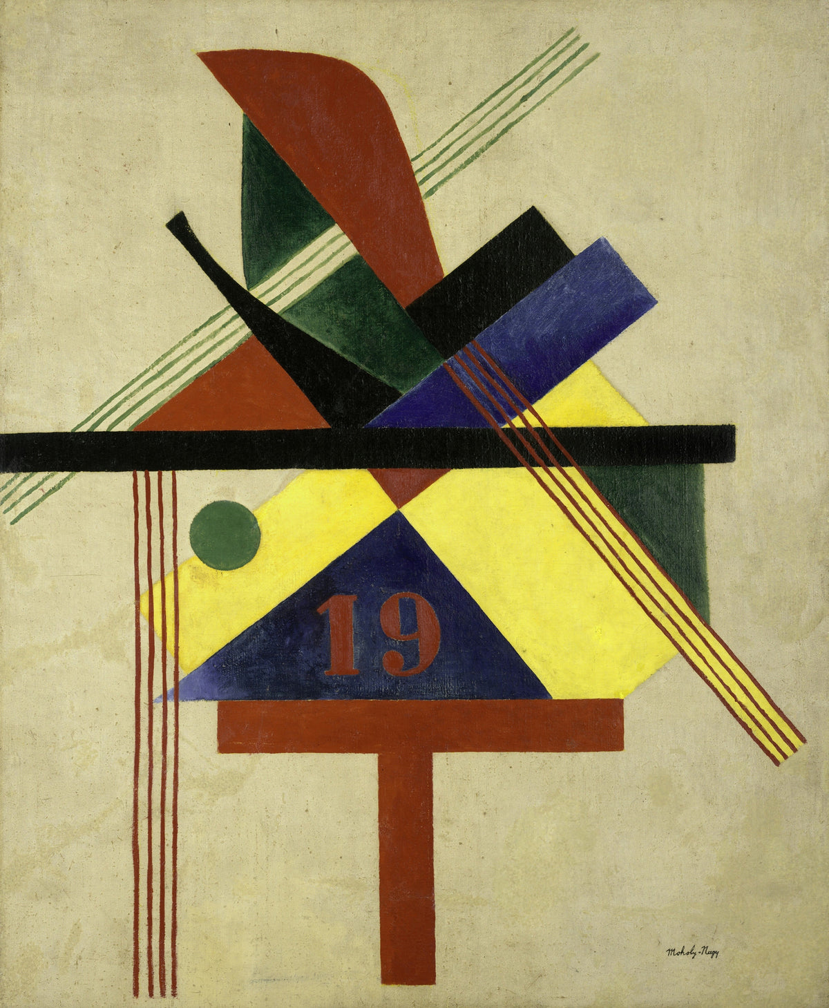 19 by László Moholy-Nagy — A red numeral 19 at the heart of crossing bars, blades and stripes