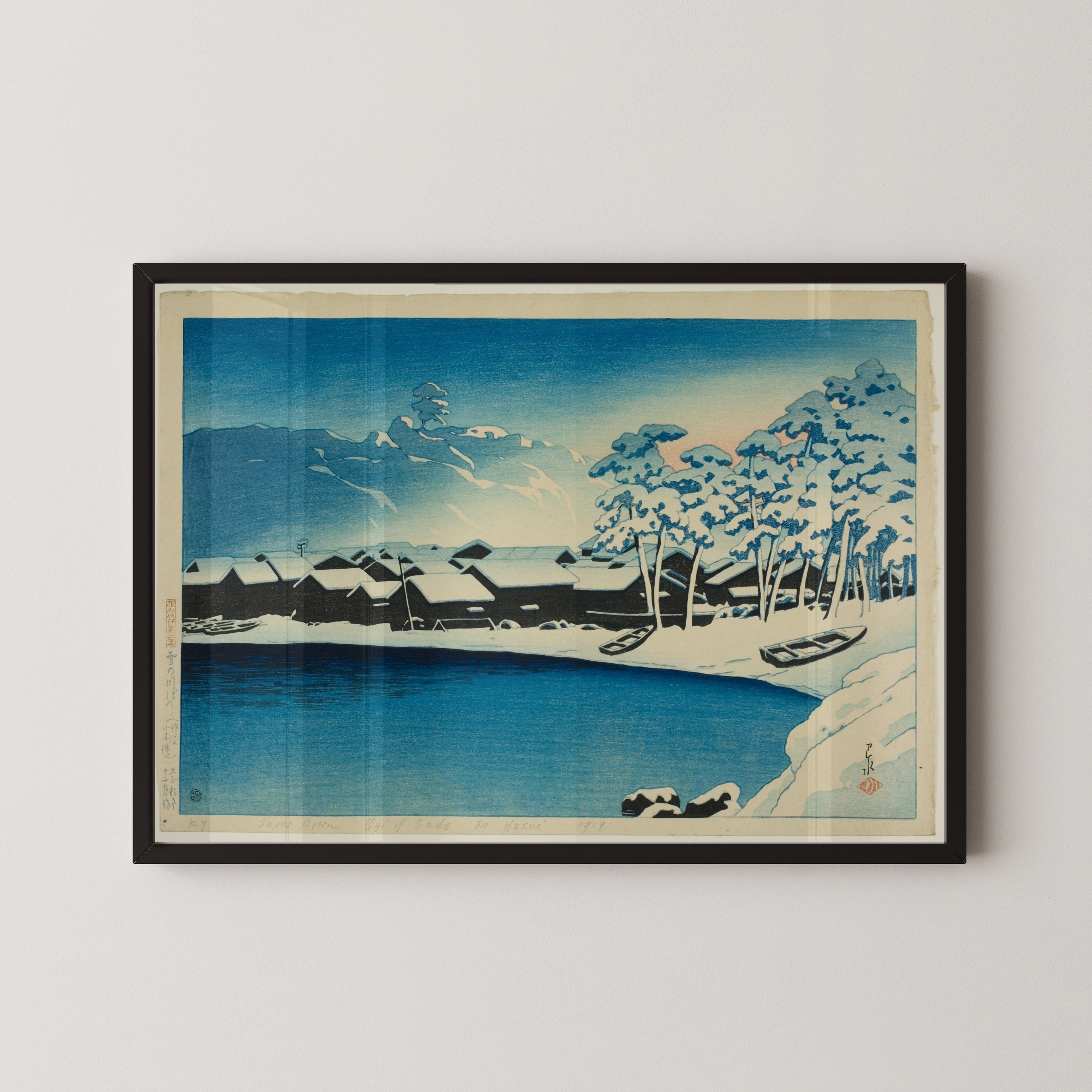 Kawase Hasui — Dawn Snow at the Port of Ogi | Japanese Woodblock Print (Shin Hanga)