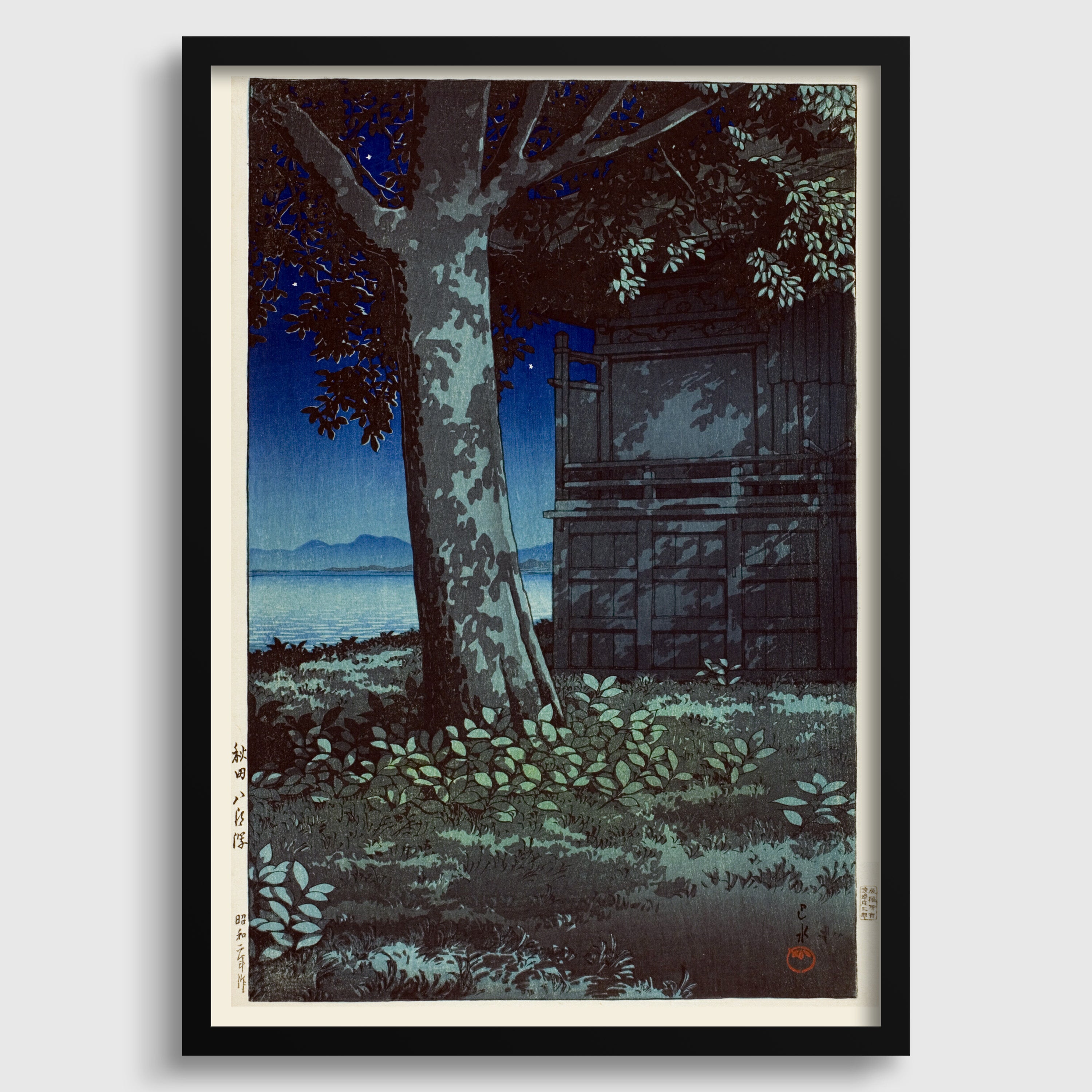 The image is a framed artwork depicting a serene night scene with a tree, a building, and a body of water in the background.