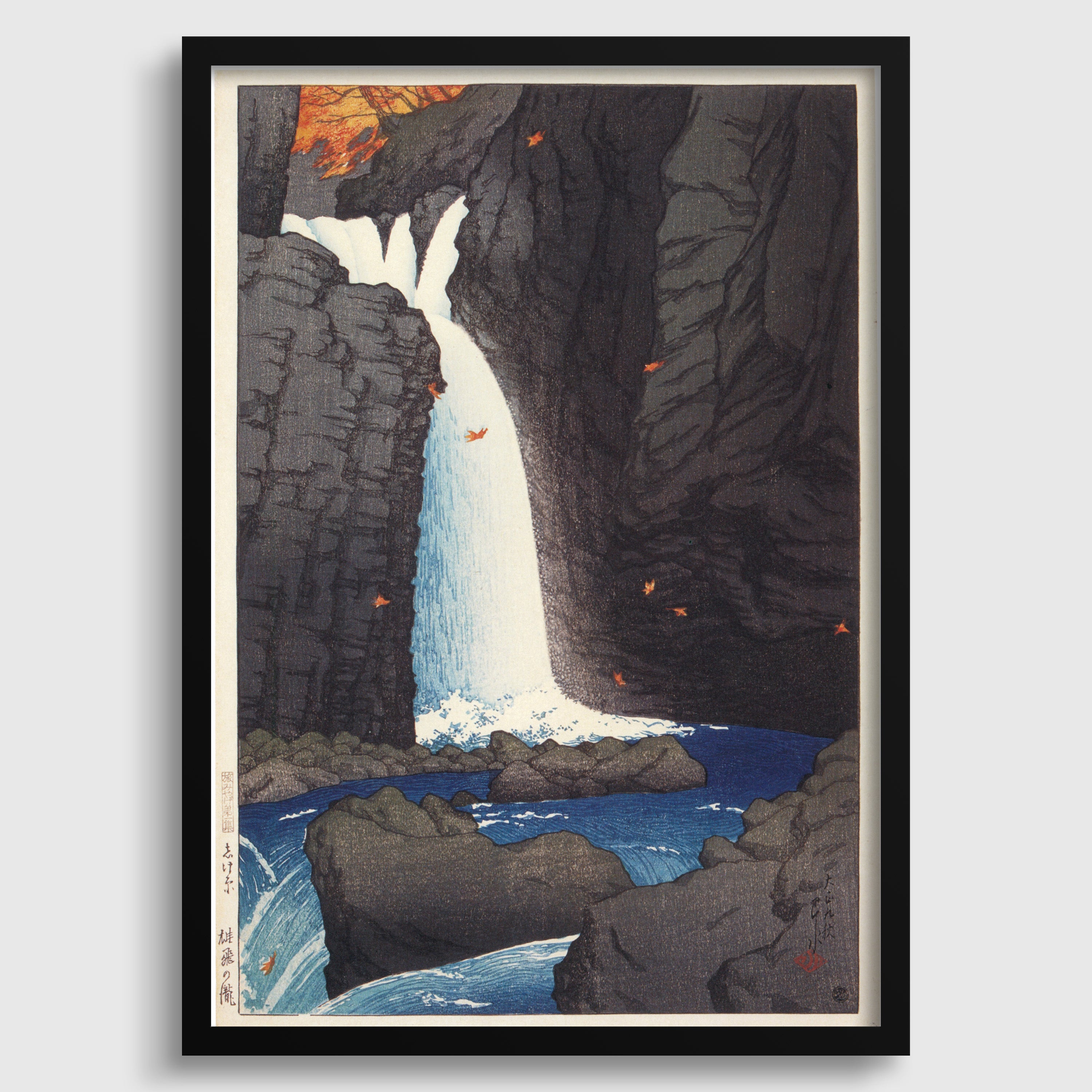 a serene waterfall cascading down a rocky cliff, surrounded by a tranquil blue river and lush green foliage.