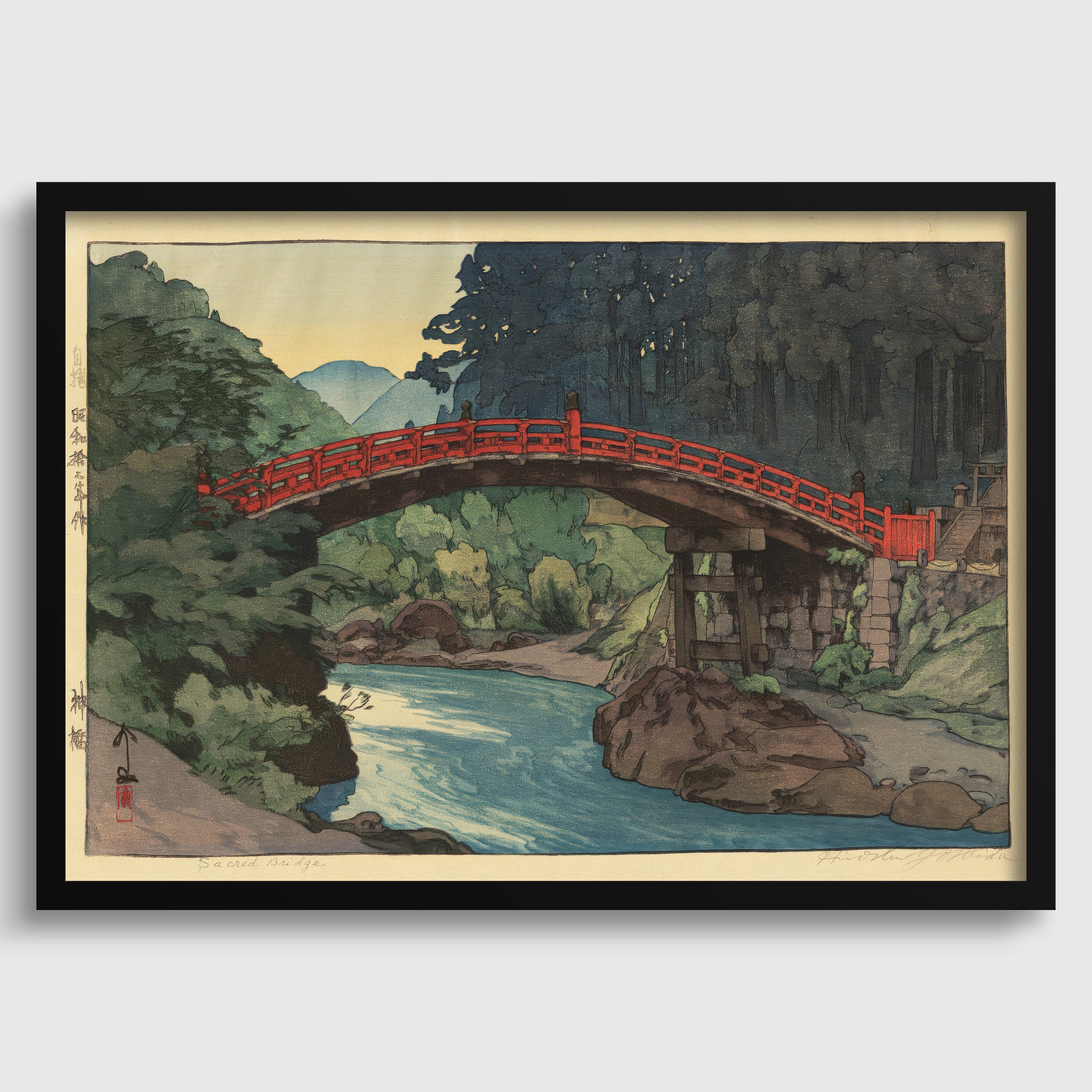 A framed illustration depicting a red wooden bridge spanning a river, surrounded by lush greenery and mountains in the background.