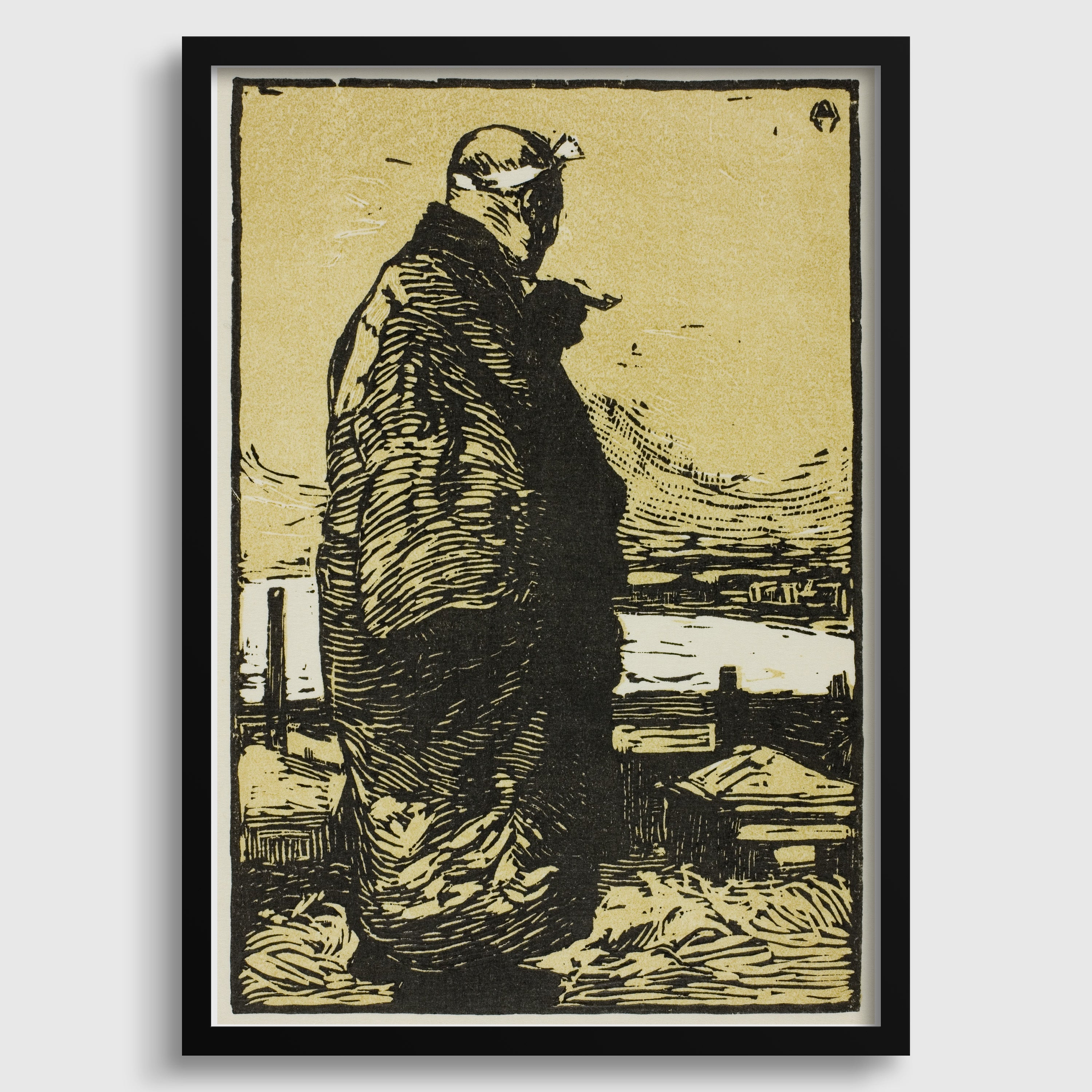 The image is a black and white print depicting a man standing in a landscape with buildings in the background.