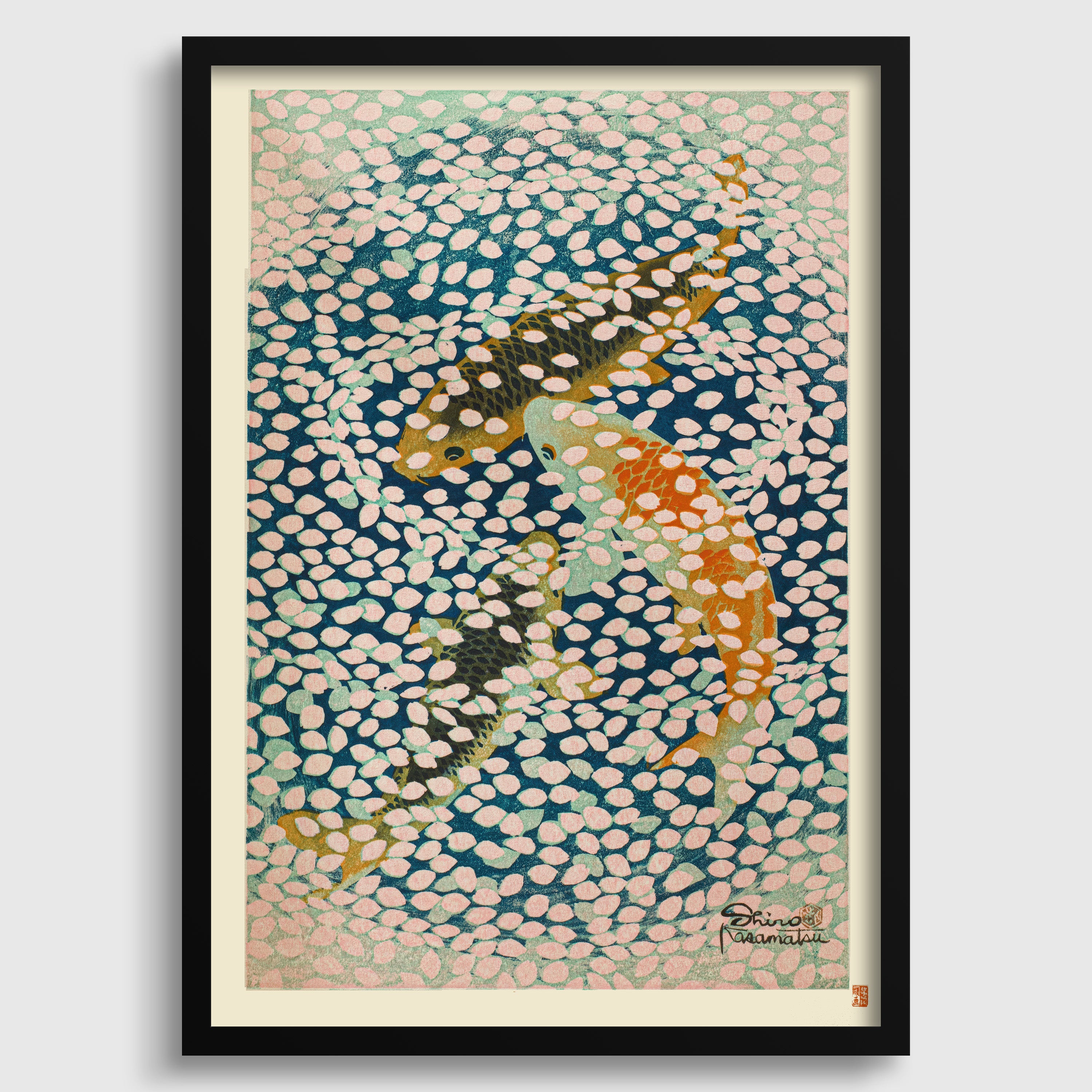 The image is a framed artwork depicting a fish swimming in a patterned background.