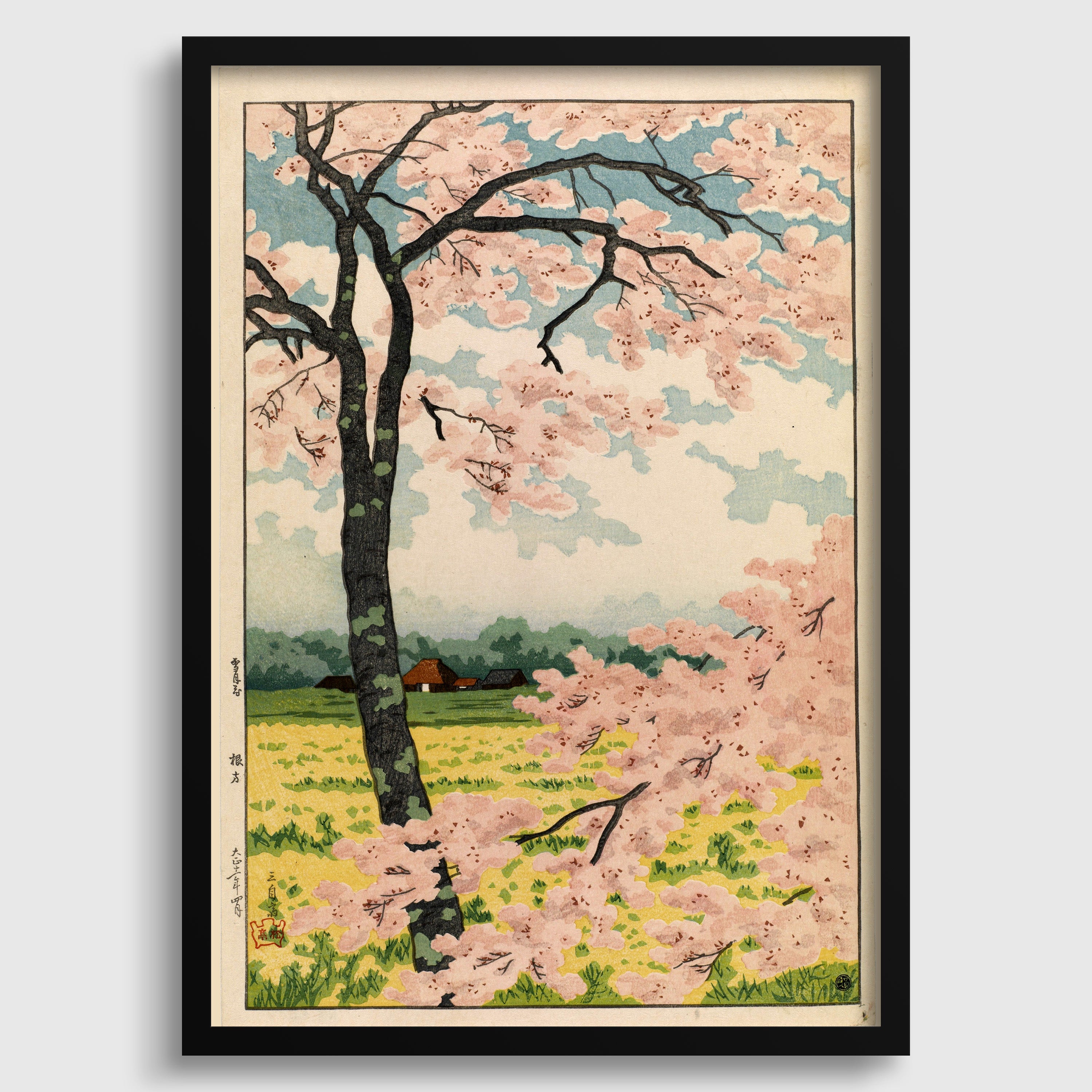 A framed illustration depicting a tree with pink blossoms in a field, with a house visible in the background.