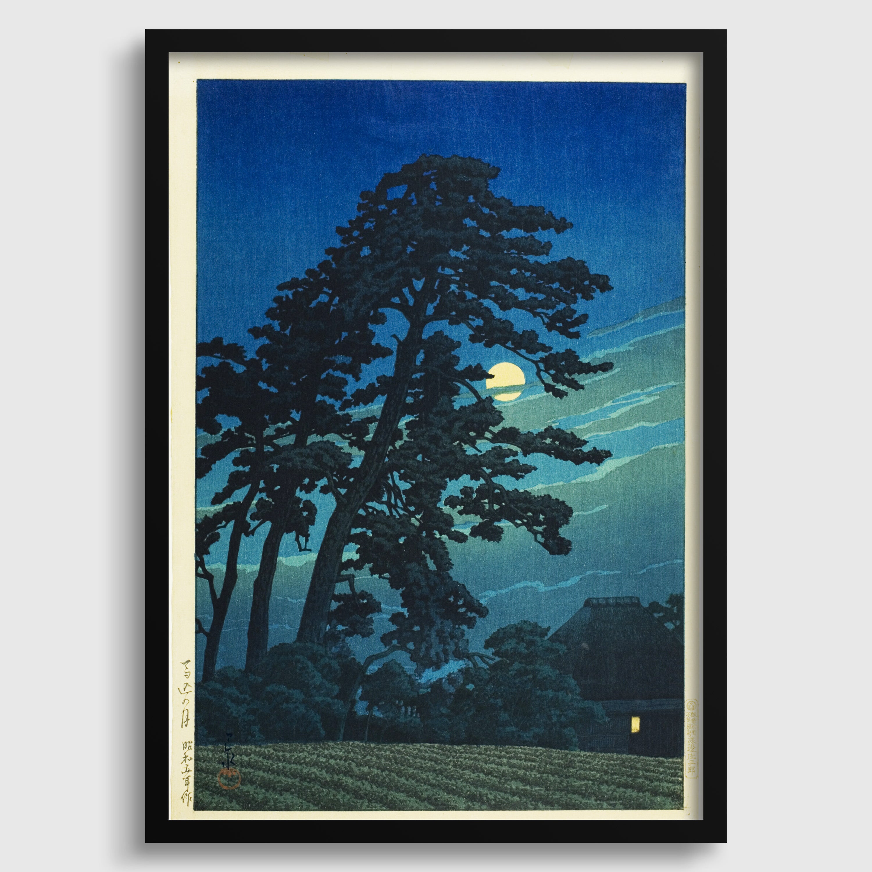 a serene night scene with a large tree silhouetted against a moonlit sky, surrounded by a field and a small building.