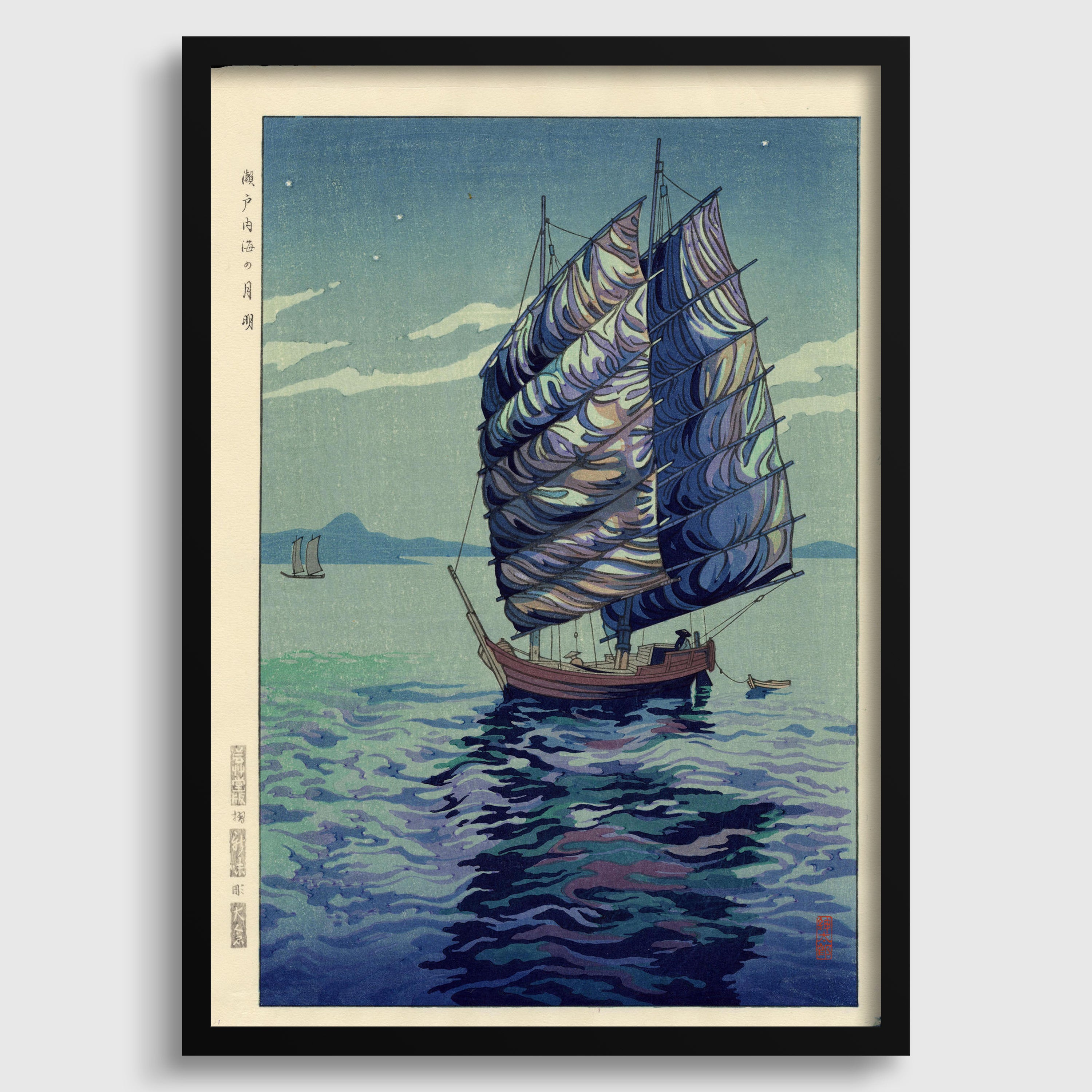 a large sailboat with a blue and white striped sail, sailing on a body of water under a cloudy sky.