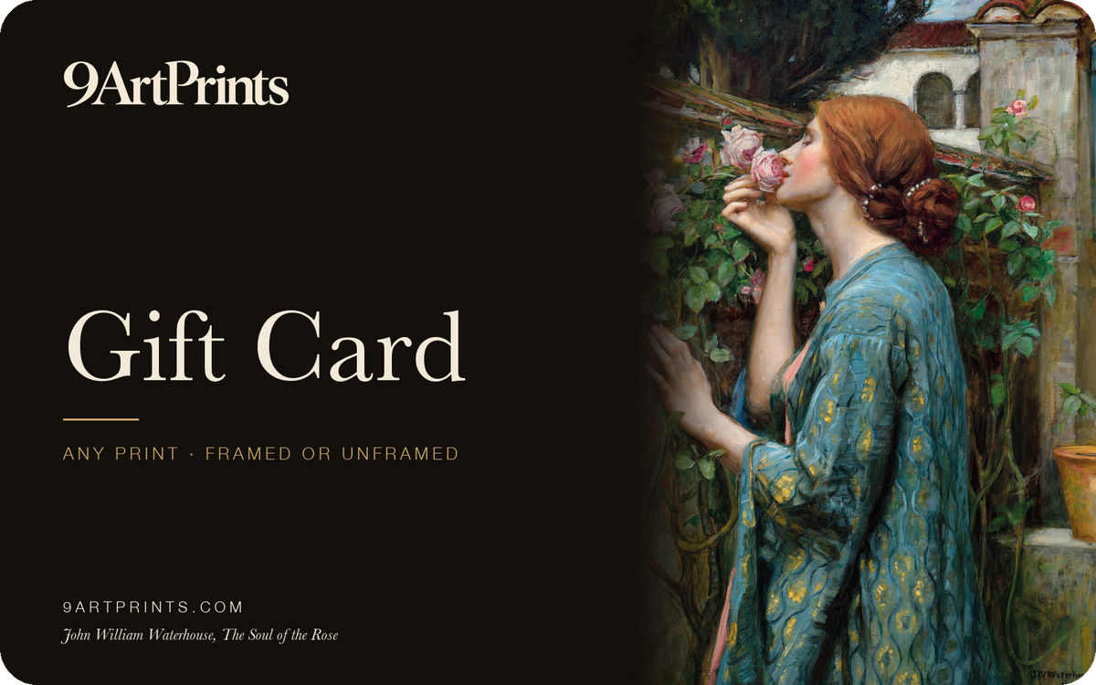 9 Art Prints gift card with John William Waterhouse's The Soul of the Rose