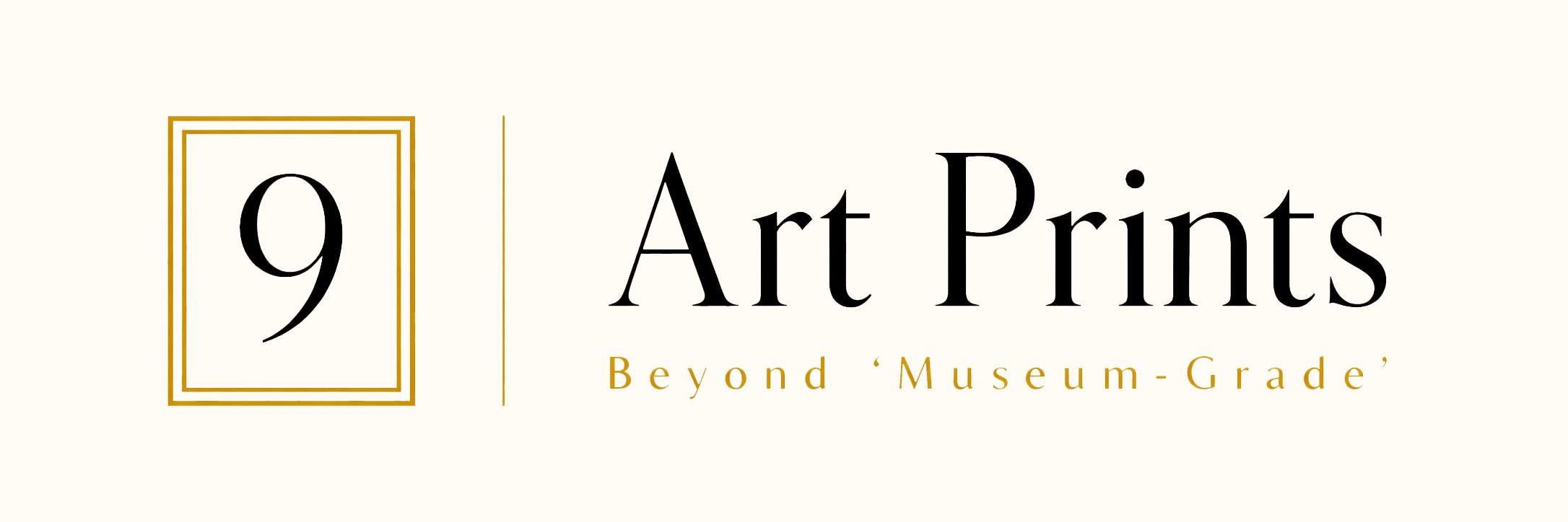 A wide cream and black logo for 9 Art Prints
