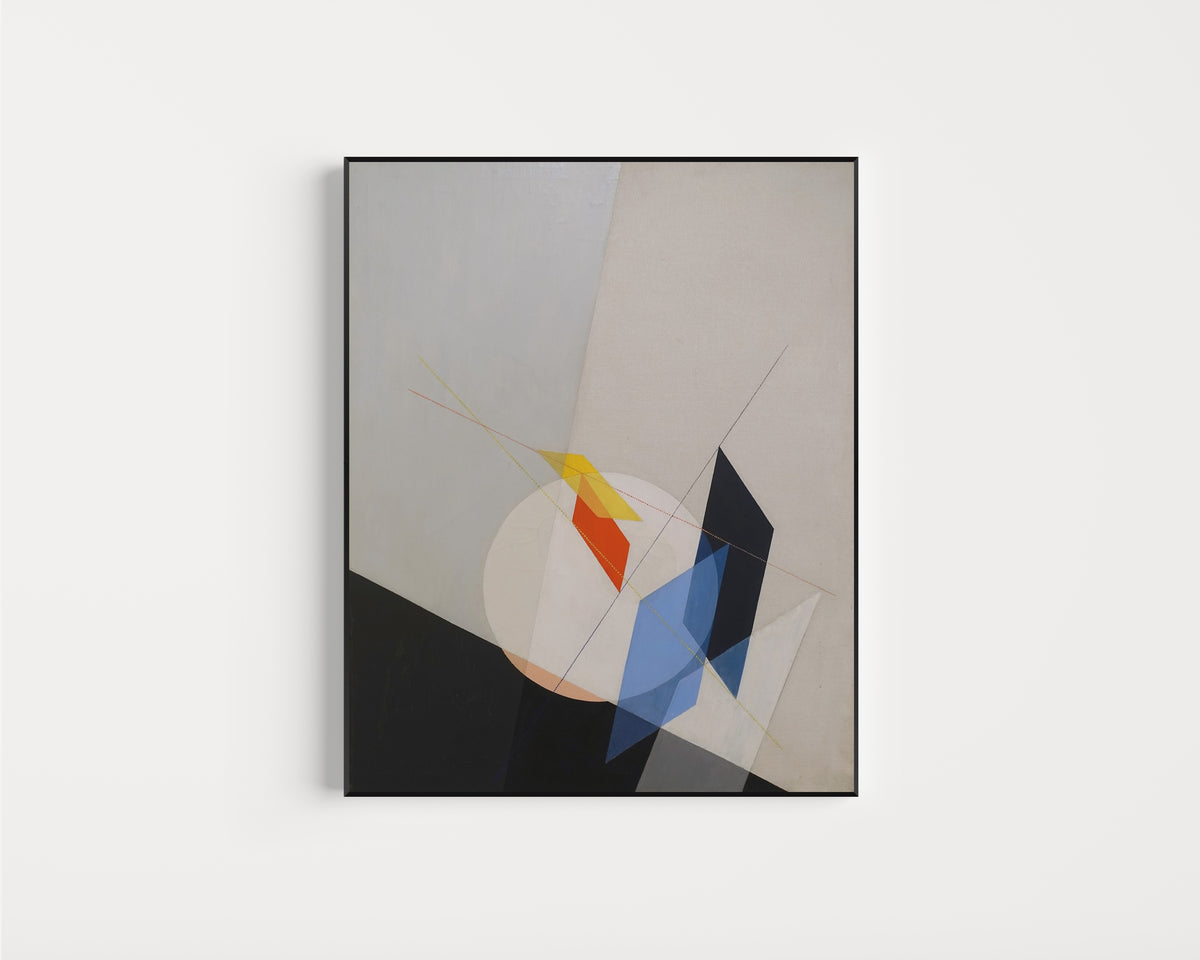 Framed art print of A 18 by László Moholy-Nagy, in a slim black frame on a plain white wall