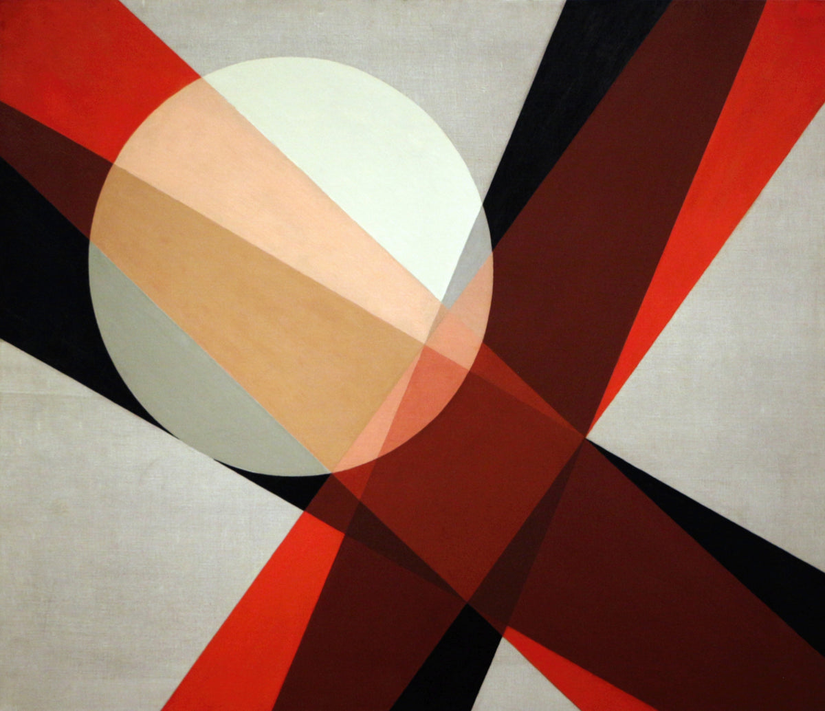 A 19 by László Moholy-Nagy — Crossing red and black bars slice through a pale disc on grey