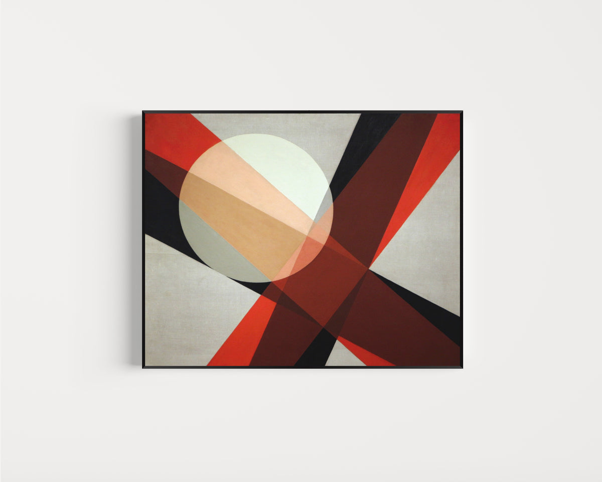 Framed art print of A 19 by László Moholy-Nagy, in a slim black frame on a plain white wall
