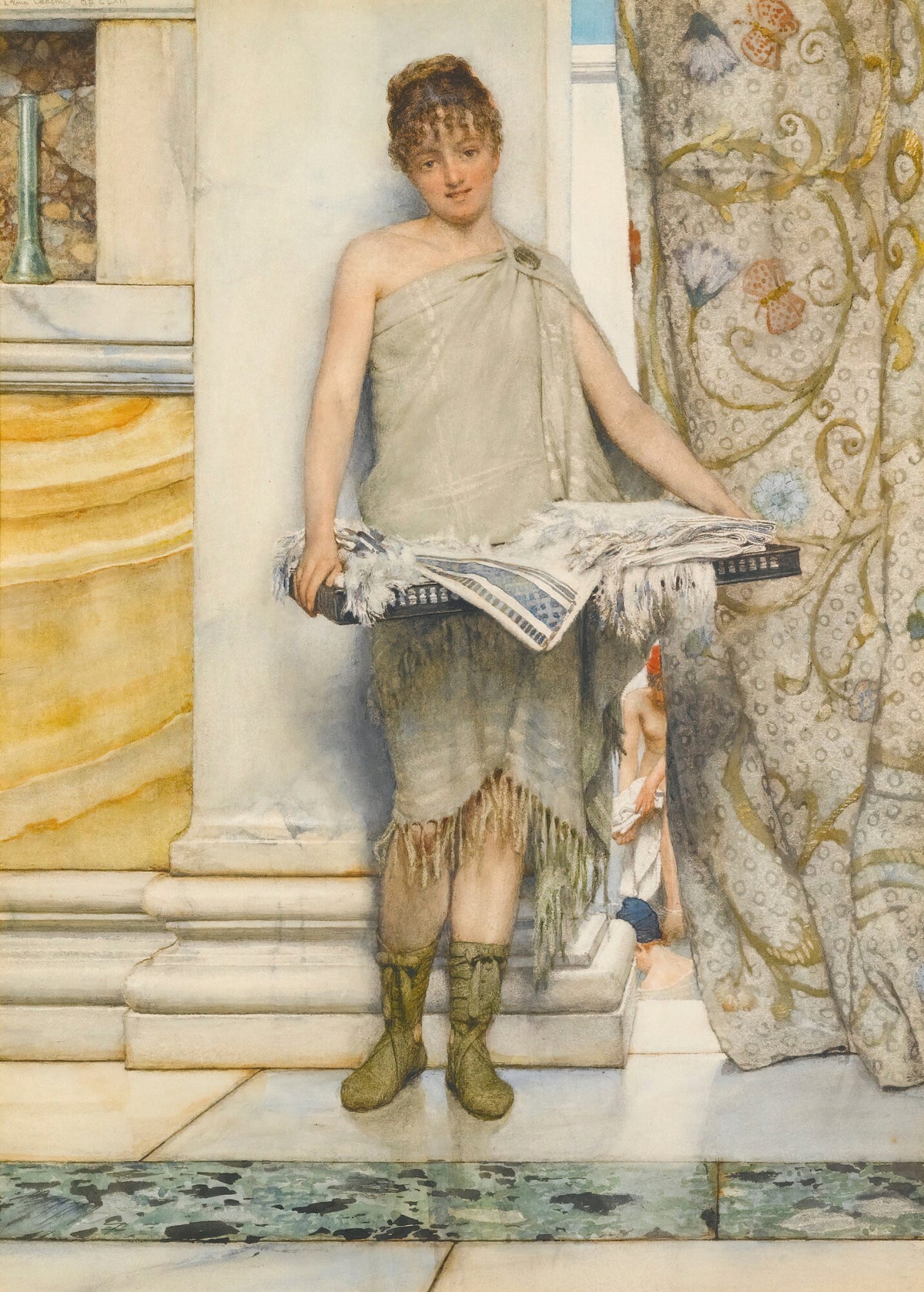 A Balneatrix by Lawrence Alma-Tadema — A bath attendant holds a tray of towels beside a white marble column