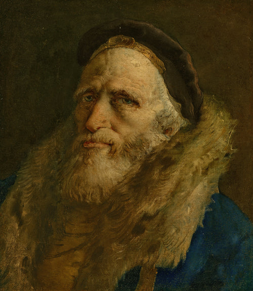 A Bearded Man in a Fur-Lined Coat, Bust-Length by Giovanni Domenico Tiepolo — A bearded old man in a dark cap looks out from a heavy fur collar