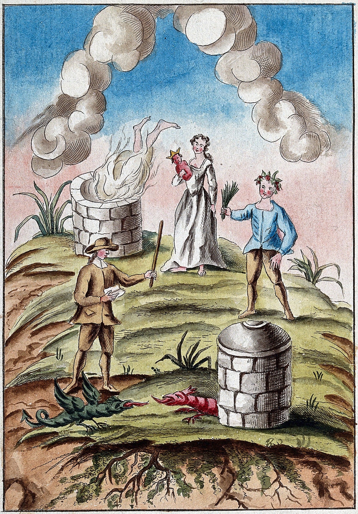 A Body Consumed by a Furnace, and Two Dragons Poised for Combat by After Nicolas Flamel — A body falls into a furnace as two dragons face each other
