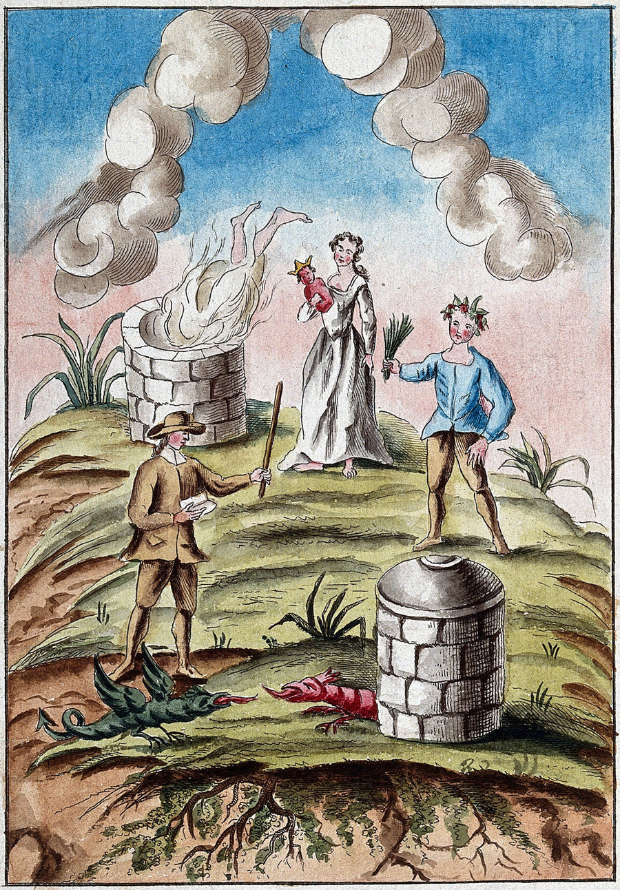 After Nicolas Flamel — A Body Consumed by a Furnace, and Two Dragons Poised for Combat | Alchemical Etching Print shown to scale on a wall above a sofa