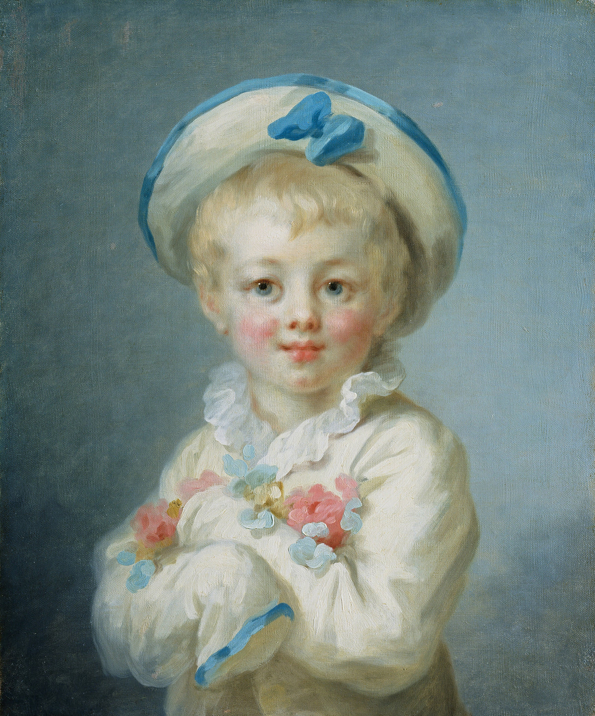 A Boy as Pierrot by Jean-Honoré Fragonard — A fair-haired boy in white Pierrot costume, arms folded