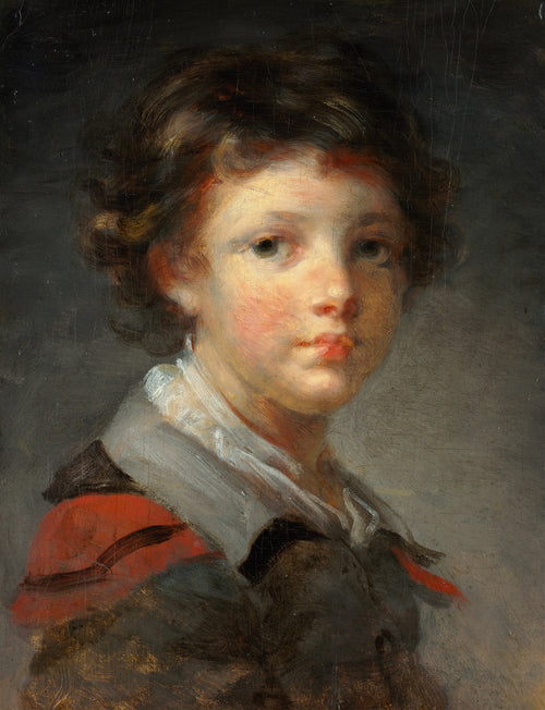 A Boy in a Red-Lined Cloak by Jean-Honoré Fragonard — A boy looks out from a dark ground, a red lining at his shoulder