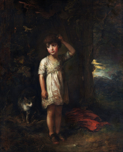 A Boy with a Cat - Morning by Thomas Gainsborough — A child in a pale dress scratches their head beside a cat