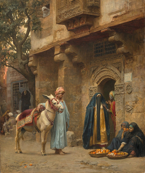 A Cairo Street by Frederick Arthur Bridgman — Fruit sellers and a white donkey wait at a carved Cairo doorway