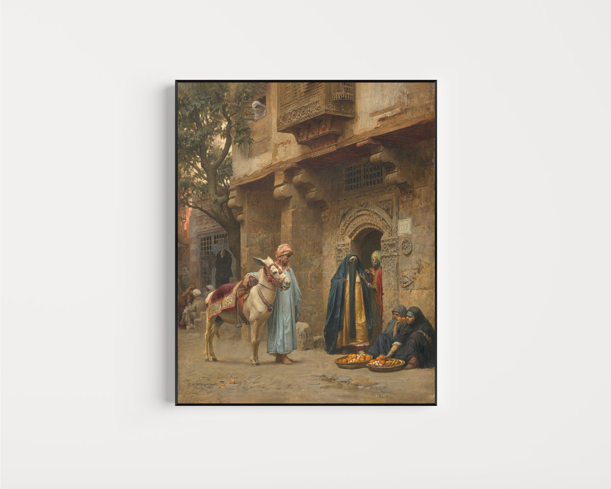Framed art print of A Cairo Street by Frederick Arthur Bridgman, in a slim black frame on a plain white wall