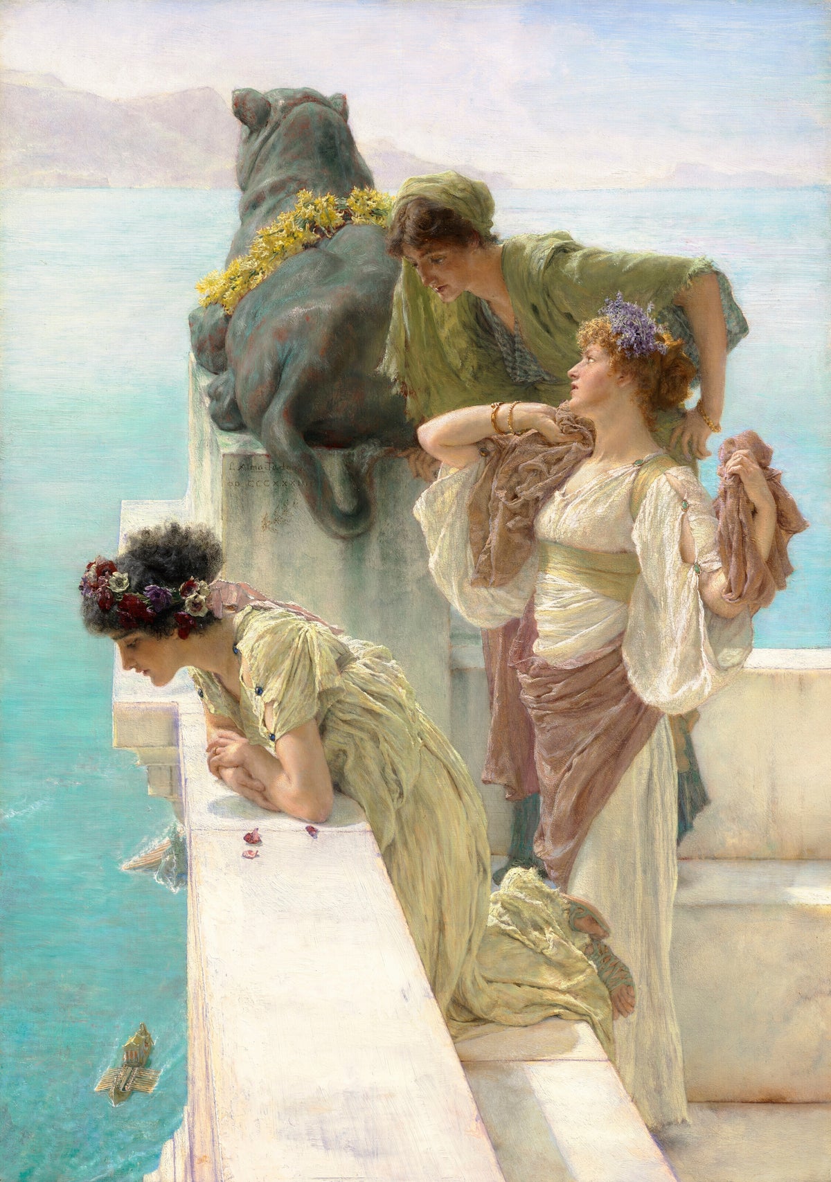 A Coign of Vantage by Lawrence Alma-Tadema — Figures lean from a marble terrace to watch galleys far below