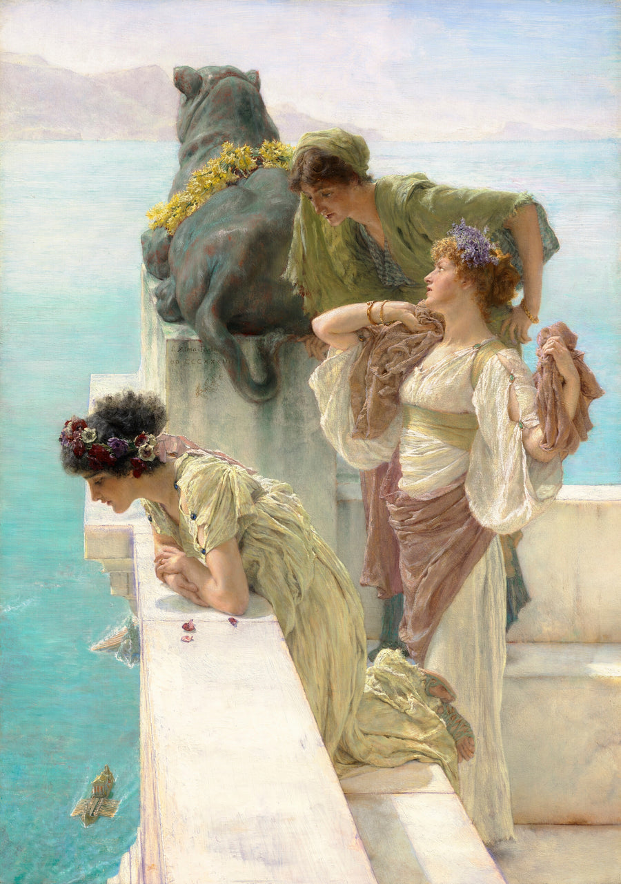 Lawrence Alma-Tadema — A Coign of Vantage | Art Print shown to scale on a wall above a sofa