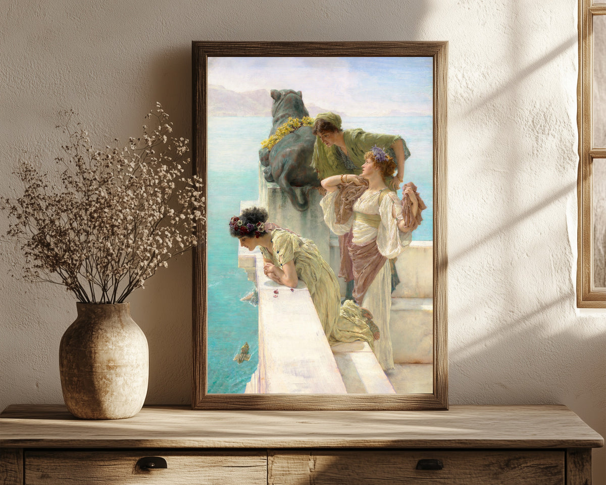 Framed art print of A Coign of Vantage by Lawrence Alma-Tadema, in a dark wood frame leaning on a rustic console beside dried flowers