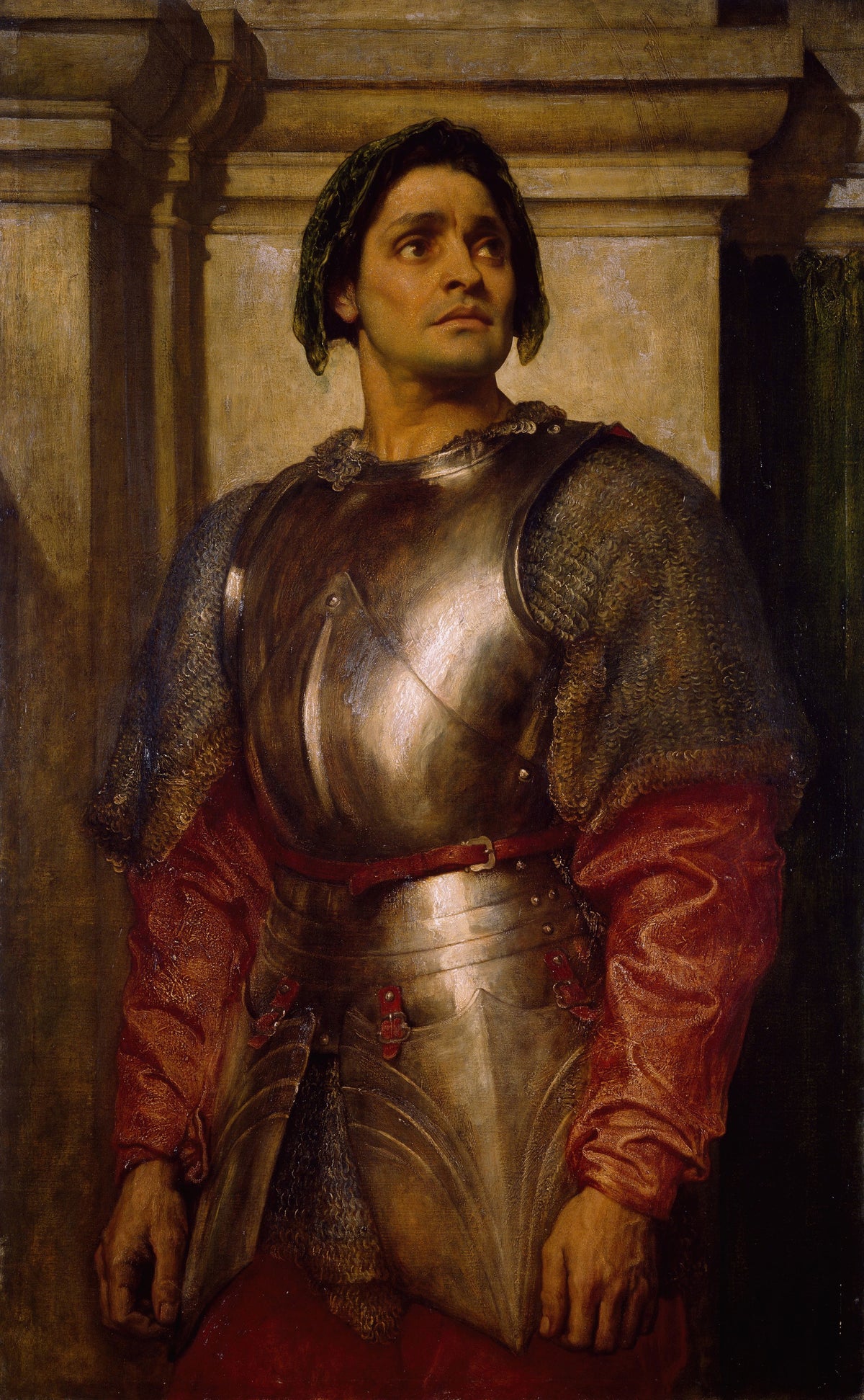 A Condottiere by Frederic Leighton — A mercenary captain in steel and mail looks up with a wary gaze