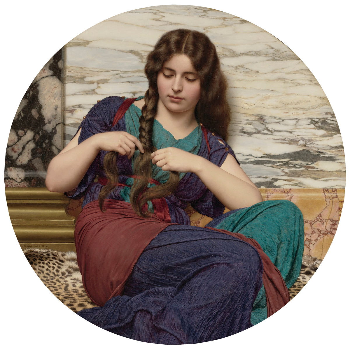 A Congenial Task by John William Godward — A young woman plaits her long brown hair against a marble wall