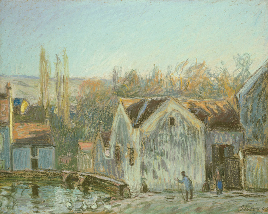 Alfred Sisley — A Corner of Moret-sur-Loing | Fine Art Print shown to scale on a wall above a sofa