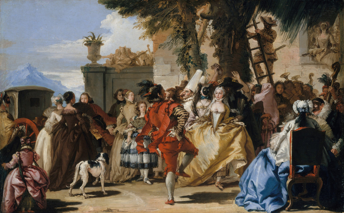 A Dance in the Country by Giovanni Domenico Tiepolo — A dancer in red leads a masked party beneath a great tree