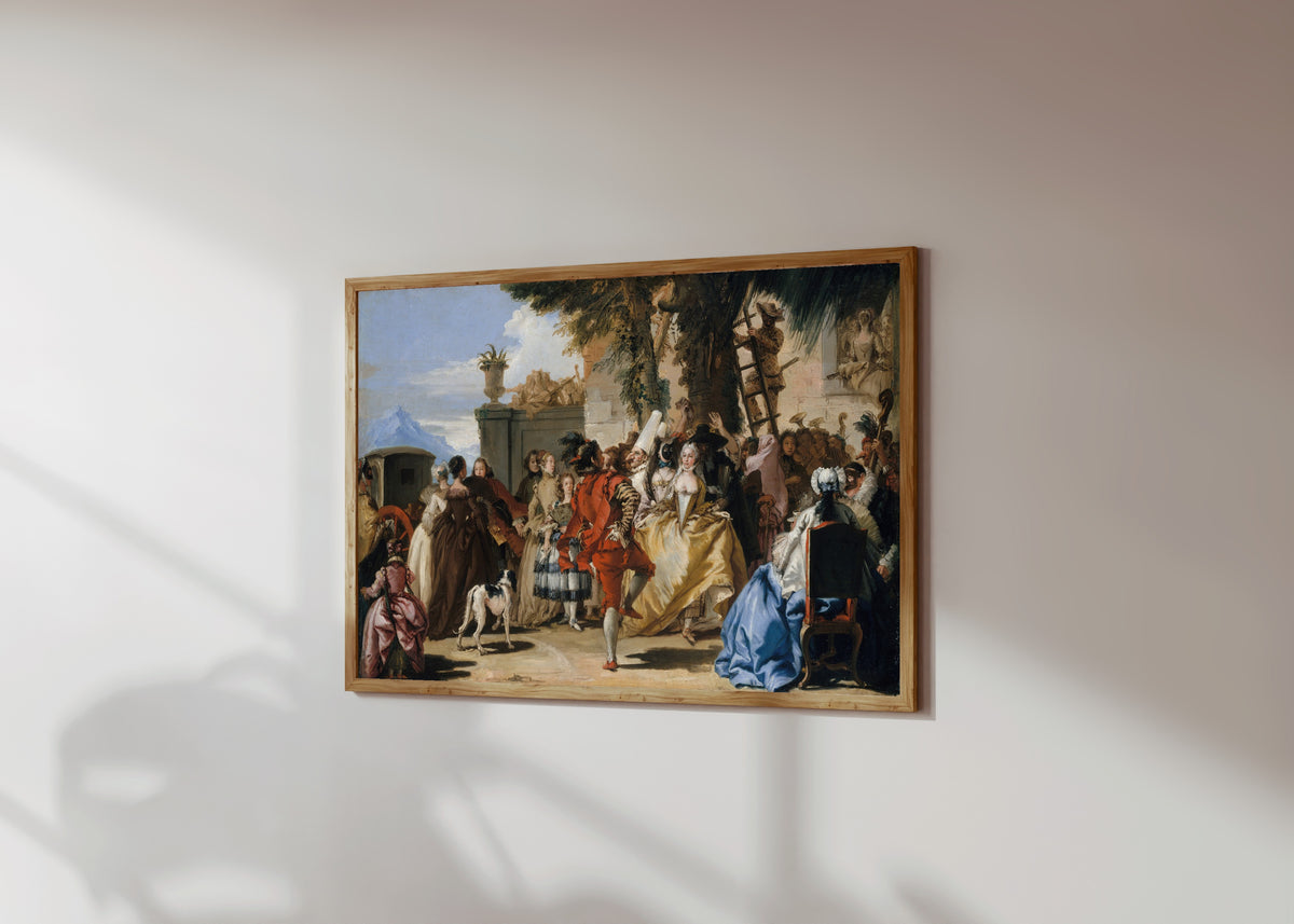 Framed art print of A Dance in the Country by Giovanni Domenico Tiepolo, in a light wood frame on a sunlit white wall, seen at a slight angle