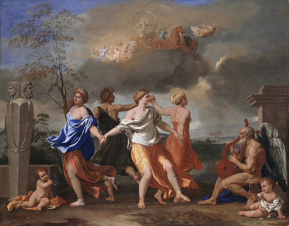 A Dance to the Music of Time by Nicolas Poussin — Four dancers circle hand in hand as a winged old man plays the lyre