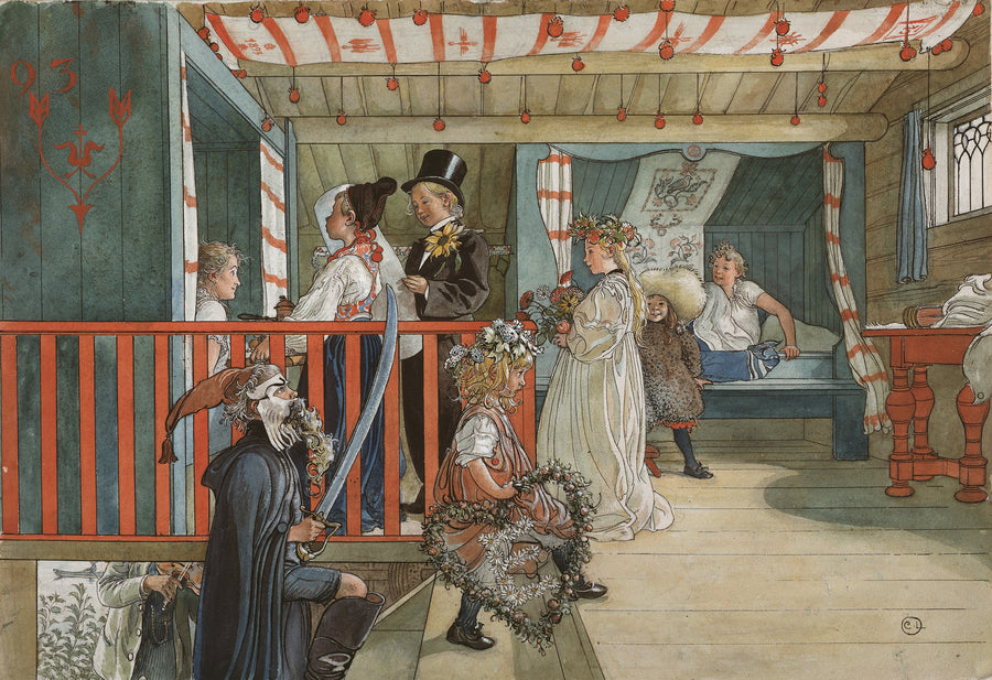 Carl Larsson — A Day of Celebration | Swedish Watercolour Print shown to scale on a wall above a sofa