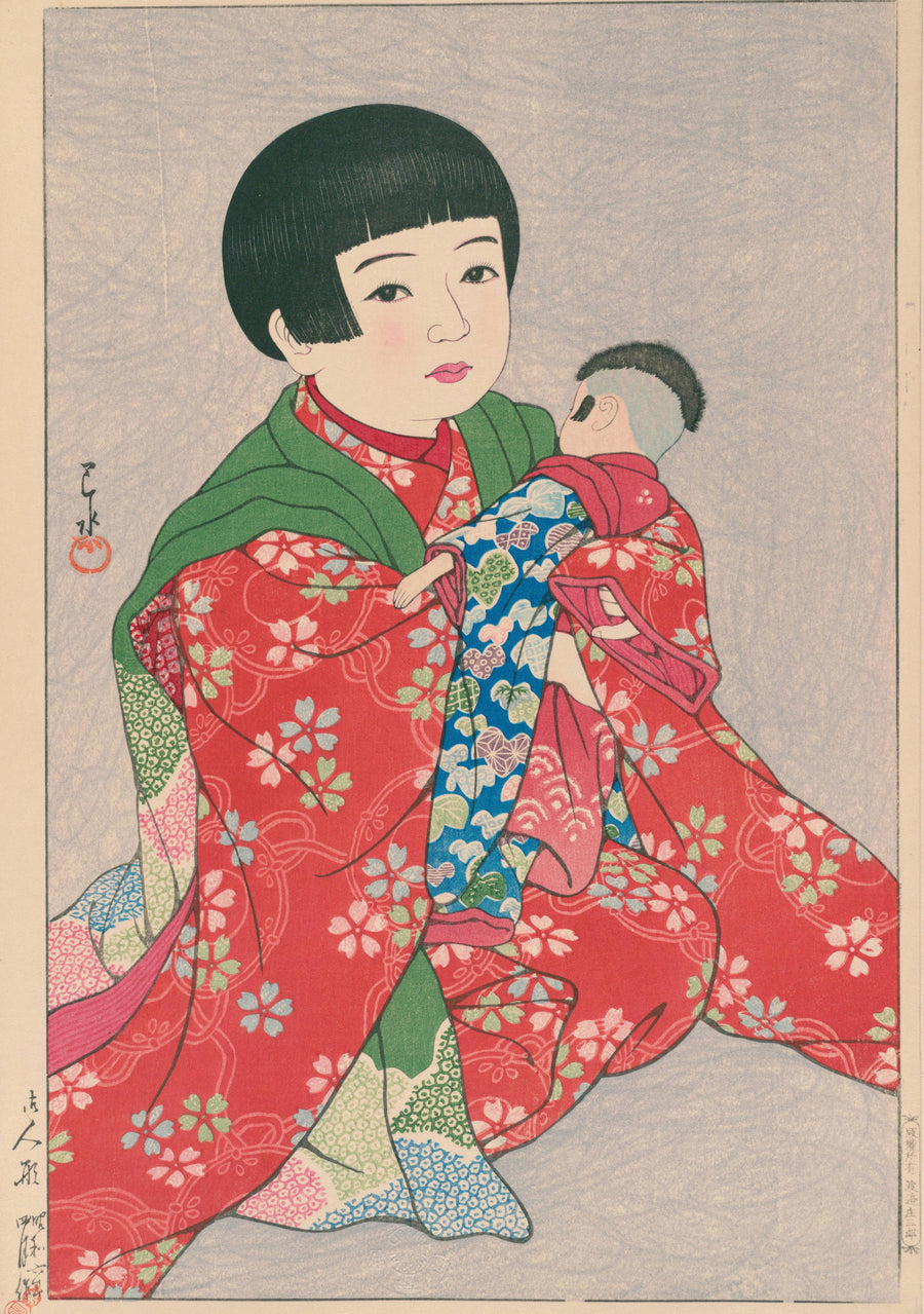 Kawase Hasui — A Doll | Japanese Woodblock Print (Shin Hanga) shown to scale on a wall above a sofa