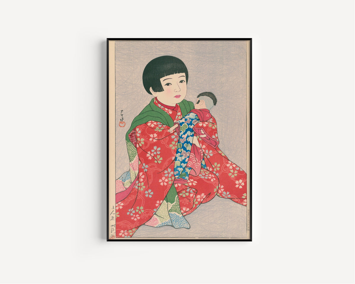 Framed art print of A Doll by Kawase Hasui, in a slim black frame on a plain white wall
