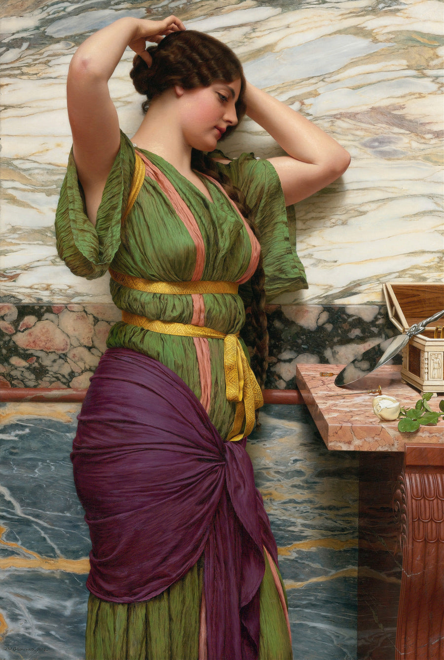 John William Godward — A Fair Reflection | Art Print shown to scale on a wall above a sofa