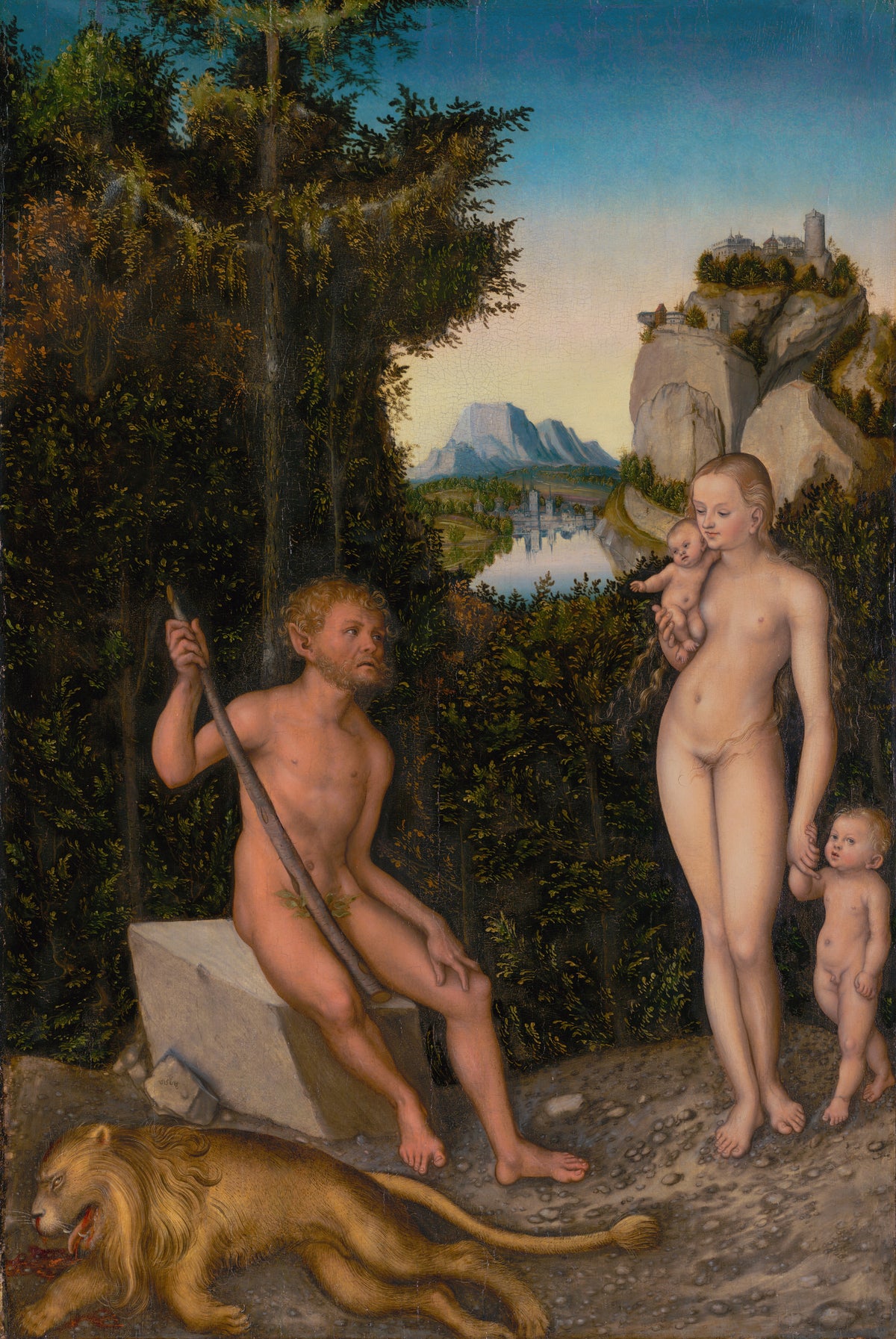 A Faun and His Family with a Slain Lion by Lucas Cranach the Elder — A faun with a staff sits by a dead lion as his wife and children watch